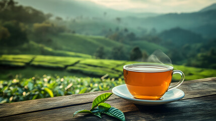 Cup of hot tea and tea leaf at tea plantations background