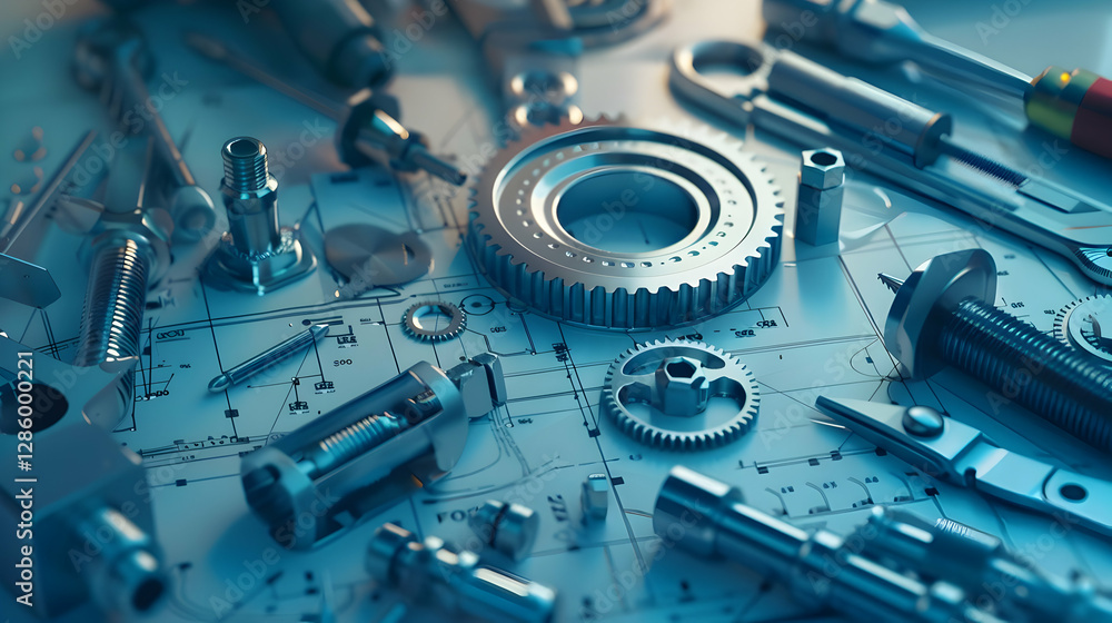 Poster close-up of various metallic tools and gears arranged on a blueprint background, showcasing craftsma