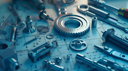 Fototapeta premium Close-up of various metallic tools and gears arranged on a blueprint background, showcasing craftsmanship
