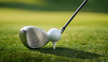Golf Driver And Ball Ready For Impact On Green
