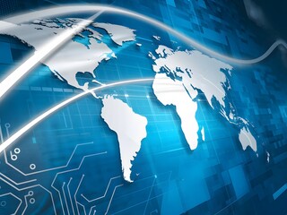 Global Network Technology Abstract Background Digital World Map Futuristic Design Modern Technology Illustration Blue White Digital Connectivity International Business Communication Worldwide Internet