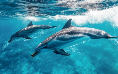 Fototapeta premium Dolphin research team studying behavior in natural ocean setting