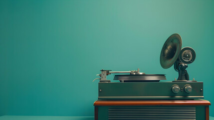Vintage record player on a teal wall, showcasing nostalgic music vibes in a cozy room