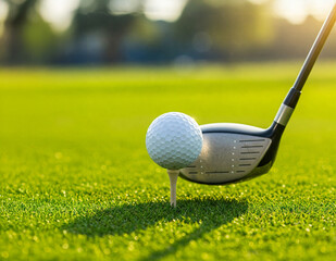 Title: Golf Club Positioned Behind White Ball on Green Grass Course in Golden Sunset Light - Sports Equipment Close-Up for Tournament Advertising and Lifestyle Marketing