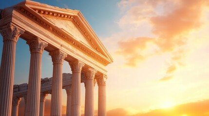 Obraz premium Ancient Columns Under Vibrant Sunset Sky with Warm Colors and Textures