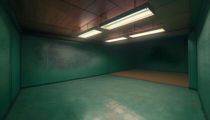 Sparsely Furnished Room With Deep Green Walls And Textured Ceiling