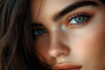 Fototapeta premium Portrait of attractive young woman showing stunning blue eyes and freckles