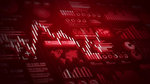 Financial data dashboard with red tones, declining stock charts, and analytics. Represents market downturn, crisis, or economic instability. Business investment background 4k