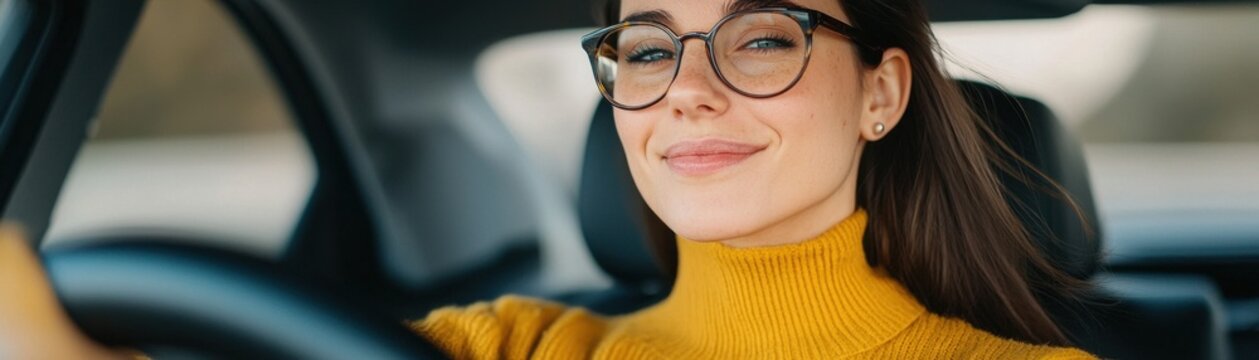 A smiling woman in glasses driving a car, wearing a cozy yellow sweater, exuding confidence and joy.