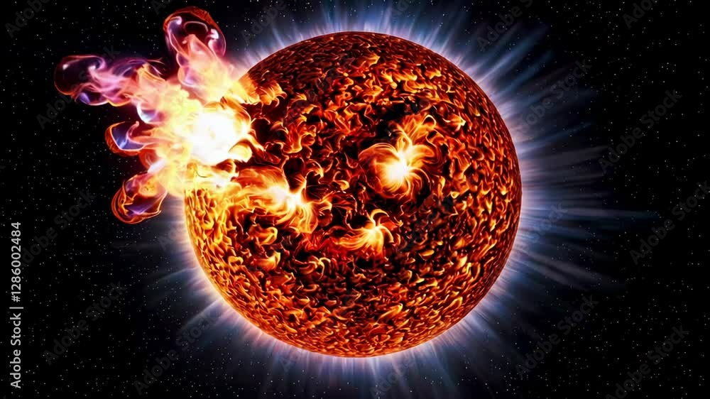 Poster Glowing plasma erupts from the sun's surface in a slow motion solar flare, creating a mesmerizing cosmic display against the backdrop of the dark universe