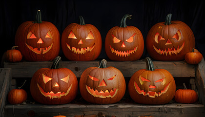 Symmetrical Arrangement Of Illuminated Jack-O'-Lanterns On Rustic Steps
