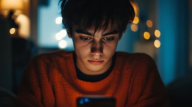 A teenager gazing at their phone screen with a blank expression, conveying feelings of loneliness and detachment.
