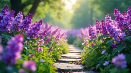 Obraz premium A sunlit path meanders through a vibrant garden, lined with rows of delicate purple blossoms, creating a serene and picturesque scene.