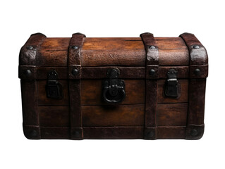 A vintage wooden chest with metal accents, perfect for treasure storage or home decor, adding charm to any space.