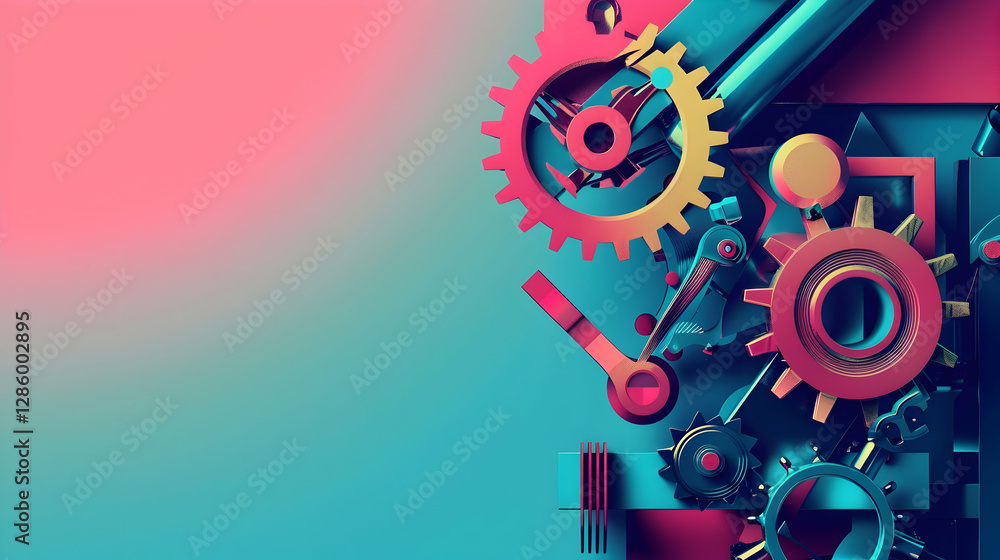 Poster abstract illustration of colorful gears and machinery elements on a gradient background