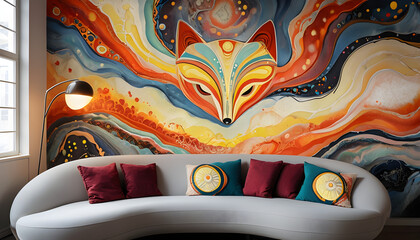 Vibrant Artistic Mural Enhances Cozy Living Space Interior