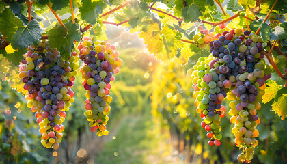 Vibrant Grapes Hanging Amid Lush Green Leaves In Vineyard