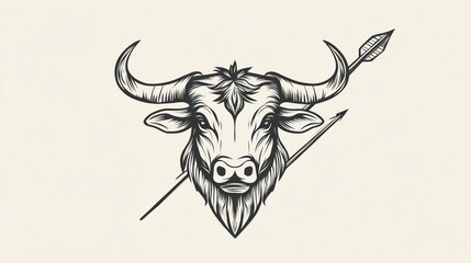 Fototapeta premium Buffalo head with spear; stylized graphic; tribal art; design element