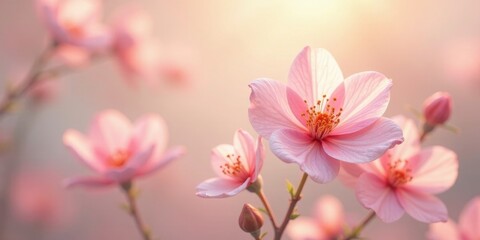 Obraz premium Delicate Pink Blossoms Illuminated by Golden Sunlight, a Serene and Peaceful Springtime Scene