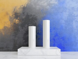 Elegant white cylinders subtly contrast vibrant blue yellow backdrop. AI Generated
