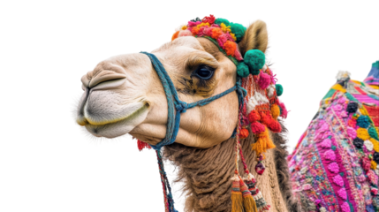 Colorful camel adorned with bright decorations stands proudly in a desert setting during daylight