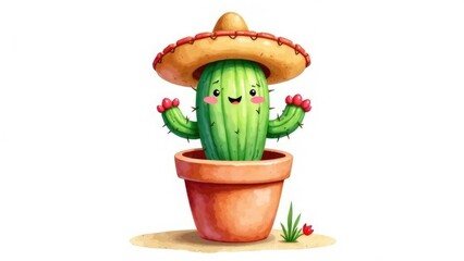 A cute cartoon cactus wearing a sombrero in a pot, isolated on white. Concept of whimsical Mexican celebration. Cinco de Mayo concept
