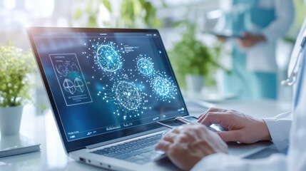 Doctor analyzing medical data on laptop with digital interface and charts, showcasing advanced technology in healthcare