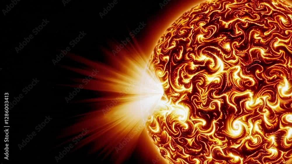 Poster Solar flare bursting with intense energy, developing powerful radiation against dark cosmic background, visualizing dynamic solar surface activity in seamless slow motion rendering