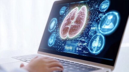 Doctor analyzing global health data on laptop, showcasing technology and healthcare innovation.