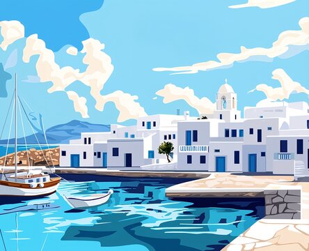 Paros Greece coastal village with white buildings blue accents and boats in calm harbo