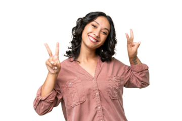 Young Argentinian woman over isolated background showing victory sign with both hands