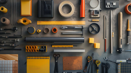 Aerial view of various tools and equipment organized on a workbench for crafting and design