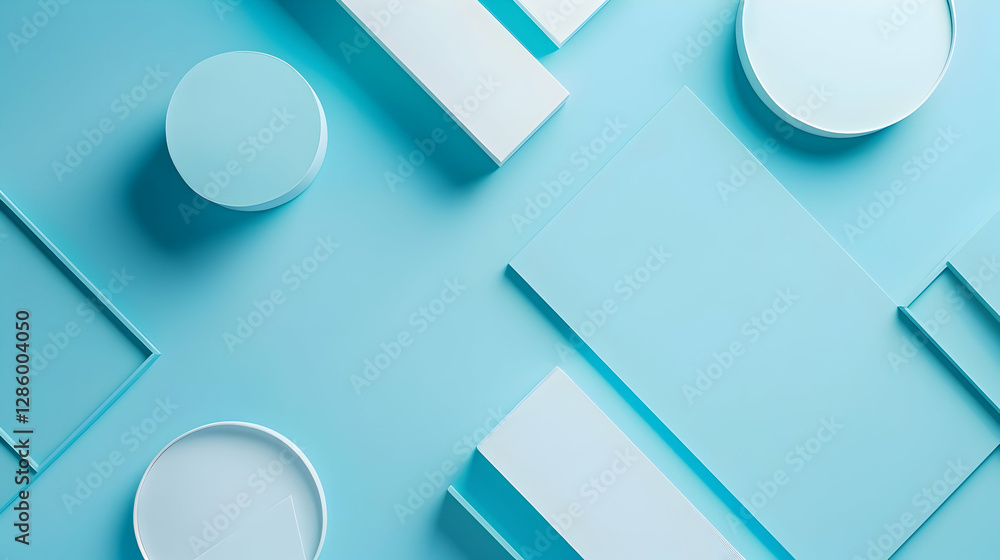 Poster aerial view of geometric shapes in varying sizes and orientations on a soft blue backdrop