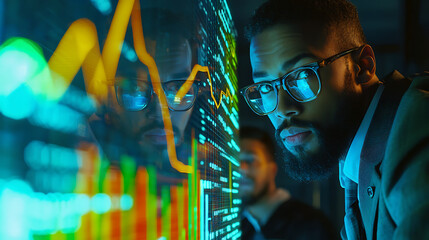 Multinational business team analyzing financial growth data, holographic economic charts overlay, high quality 