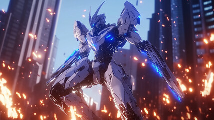 Anime-styled colossal mecha battling a bio-mechanical kaiju in a ruined metropolis