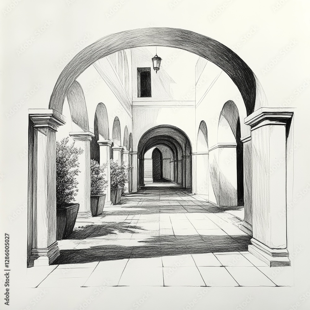 Poster hand-drawn archway leading into an inviting open courtyard of tranquility. generative ai