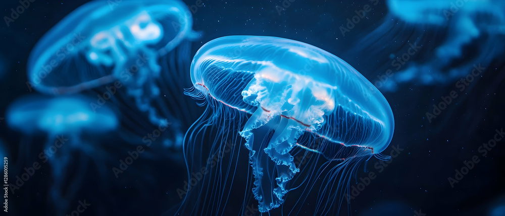 Poster ethereal view of glowing jellyfish floating in the deep ocean -