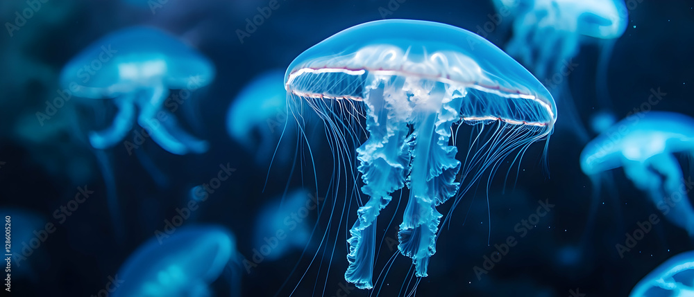 Poster ethereal view of glowing jellyfish floating in the deep ocean -
