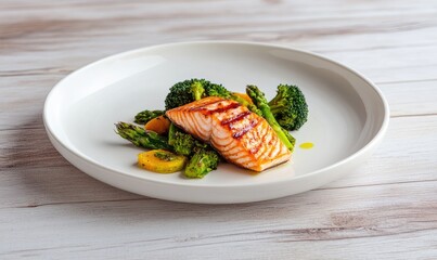 Grilled Salmon with Asparagus and Broccoli on White Plate