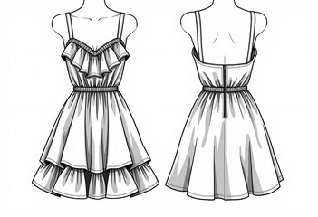 Fototapeta premium Visualize Your Collection: Ruffled Layered Mini Dress Technical Flat Sketch - Women's Apparel CAD Template for Streamlined Design & Production.