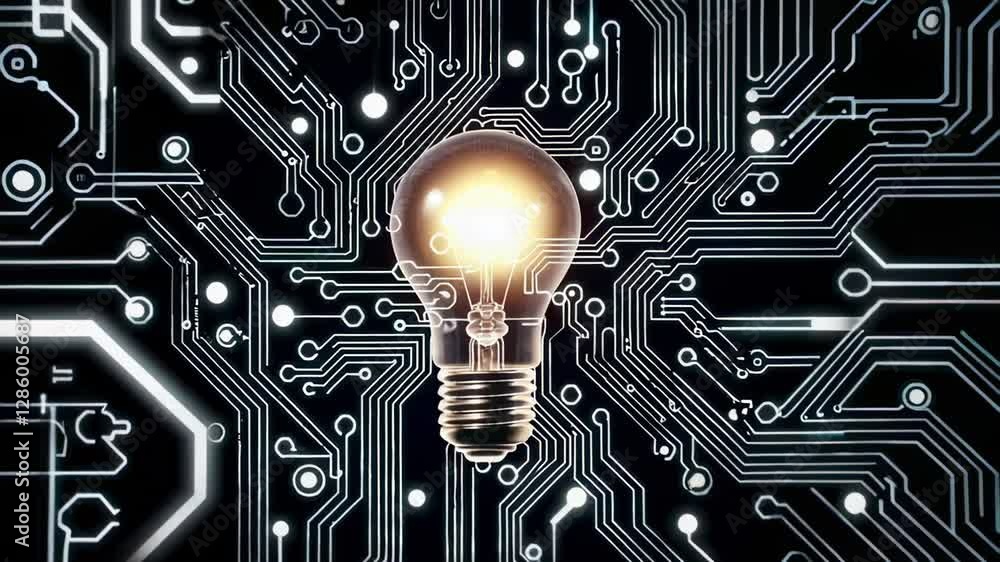 Poster light bulb glowing brightly and illuminating intricate circuit board, symbolizing technological inno