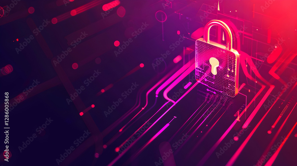 Poster digital lock symbolizing cybersecurity and data protection amidst a vibrant tech background