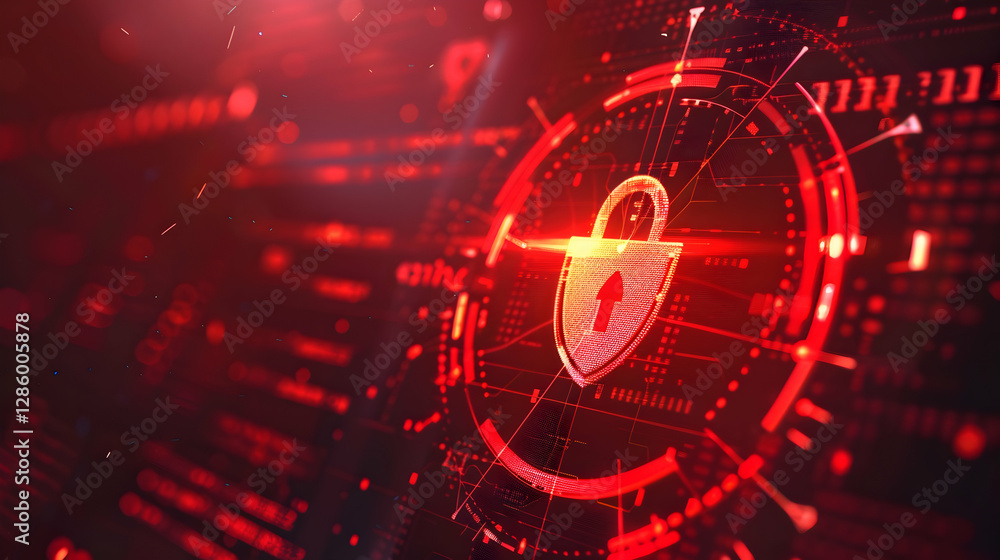 Poster digital security concept with a glowing padlock symbolizing data protection in a futuristic interfac