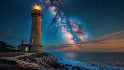 Naklejka premium Lighthouse shining under milky way and starry sky at sunset
