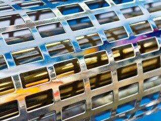 Shimmering metallic patterns reveal intricate designs and reflections of colors in a detailed...