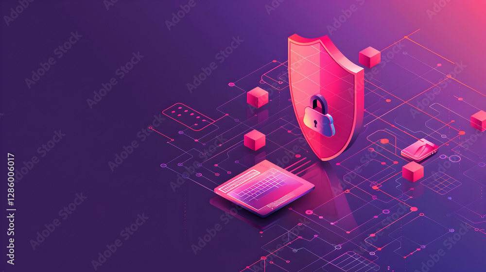 Poster digital security concept showcasing a shield, padlock, and keyboard on a tech background