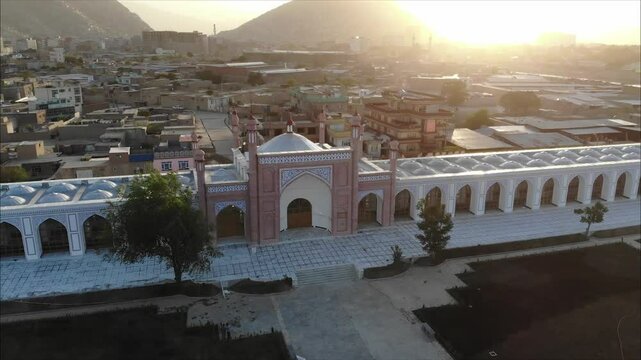 Arial view of Eid Gah Mosque with beautiful lighting at sunset in Kabul Afghanistan