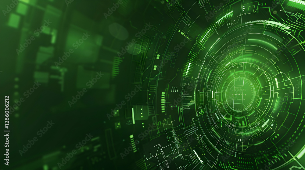 Poster abstract green digital background with circular patterns and data elements for technology designs