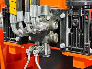 Exploring the intricate details of hydraulic connectors and hoses in a dynamic industrial setting...