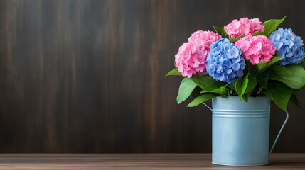 Fototapeta premium Beautiful Hydrangea Flowers in a Vintage Blue Bucket with Dark Wooden Background
